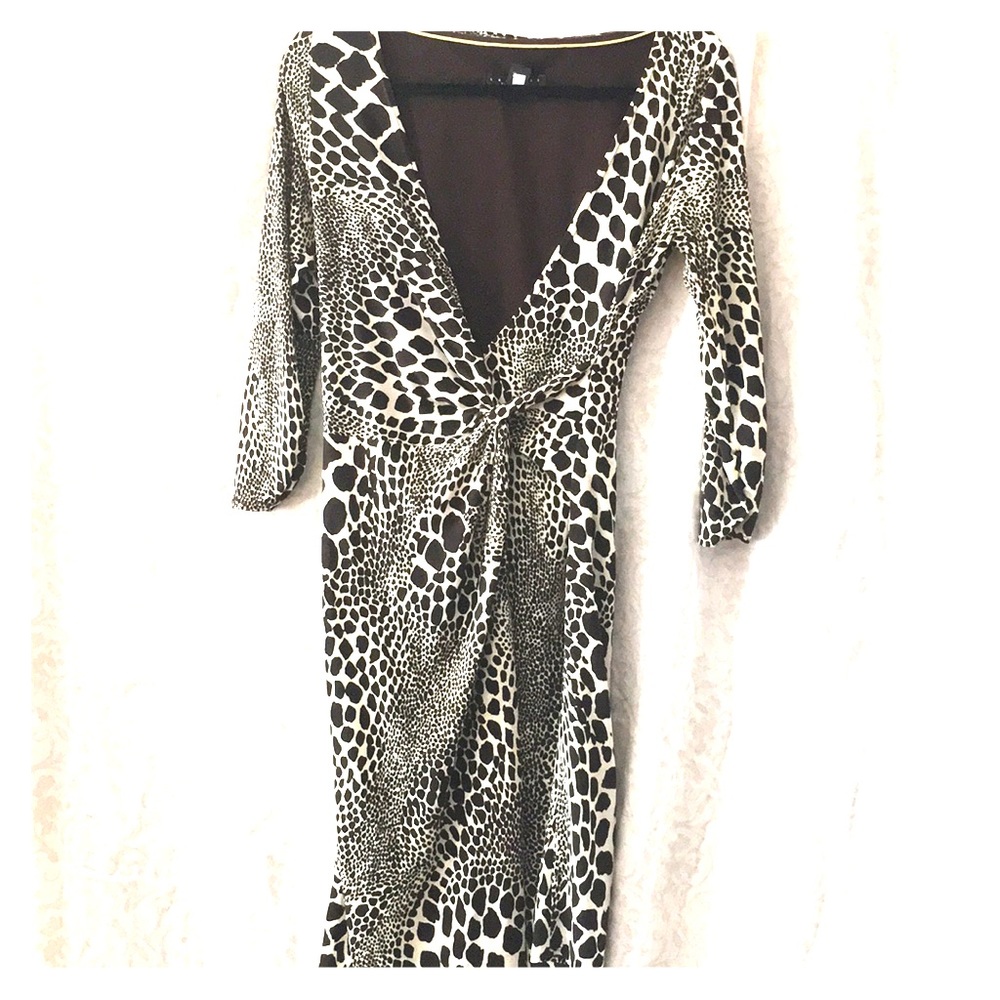 Cream and brown print faux wrap long sleeved dress